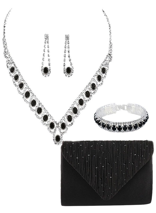 ANUFER Women's Zircon Rhinestones 4 Pieces Jewelry and Clutch Purse Set for Wedding Prom Evening Party SN0708187-2 Black-A - Image 1